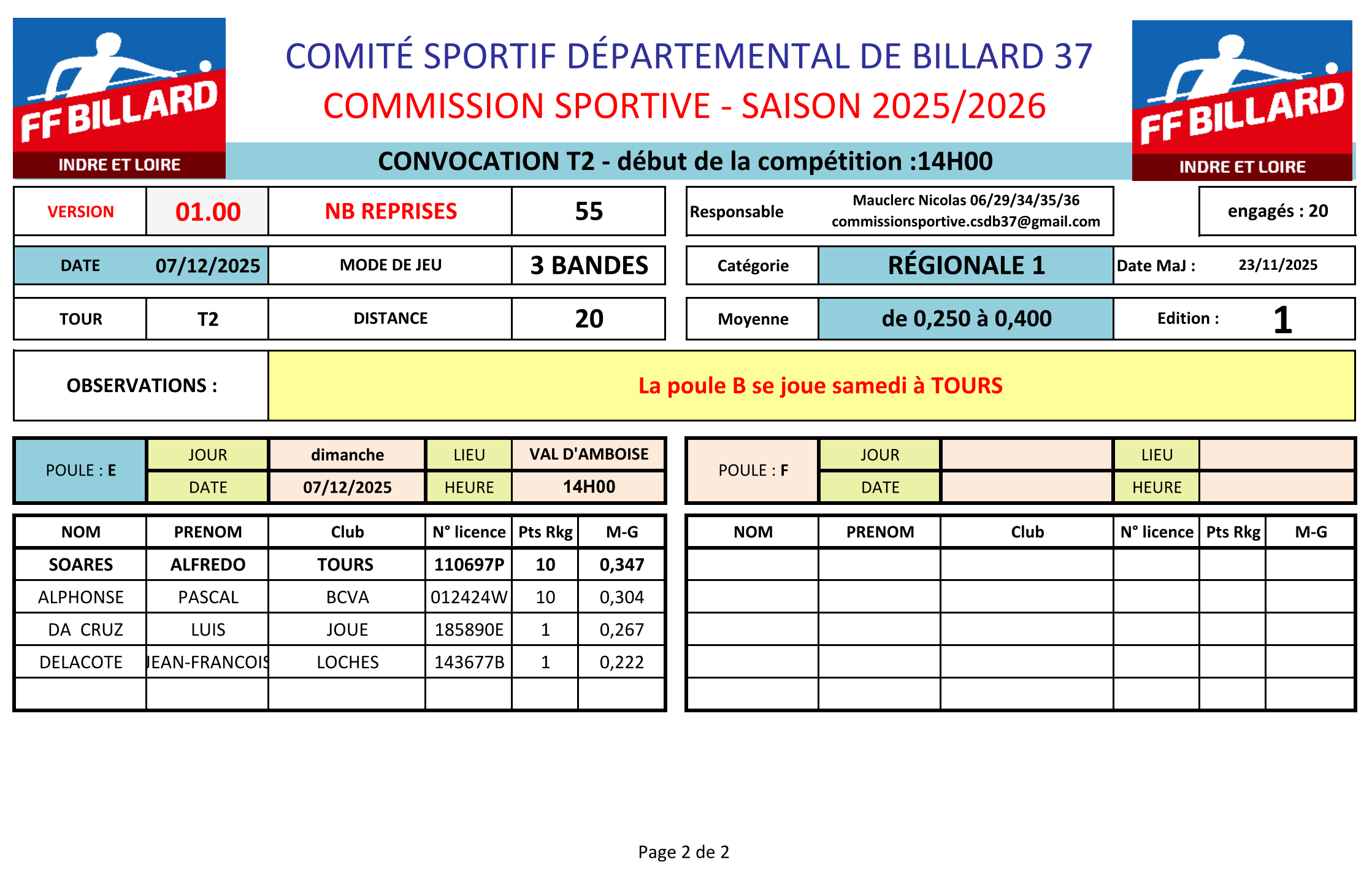 CSDB37 2025 2026 3 bandes R1 Convocation T2 des 6 et 7 décembre 2025 Page 2
