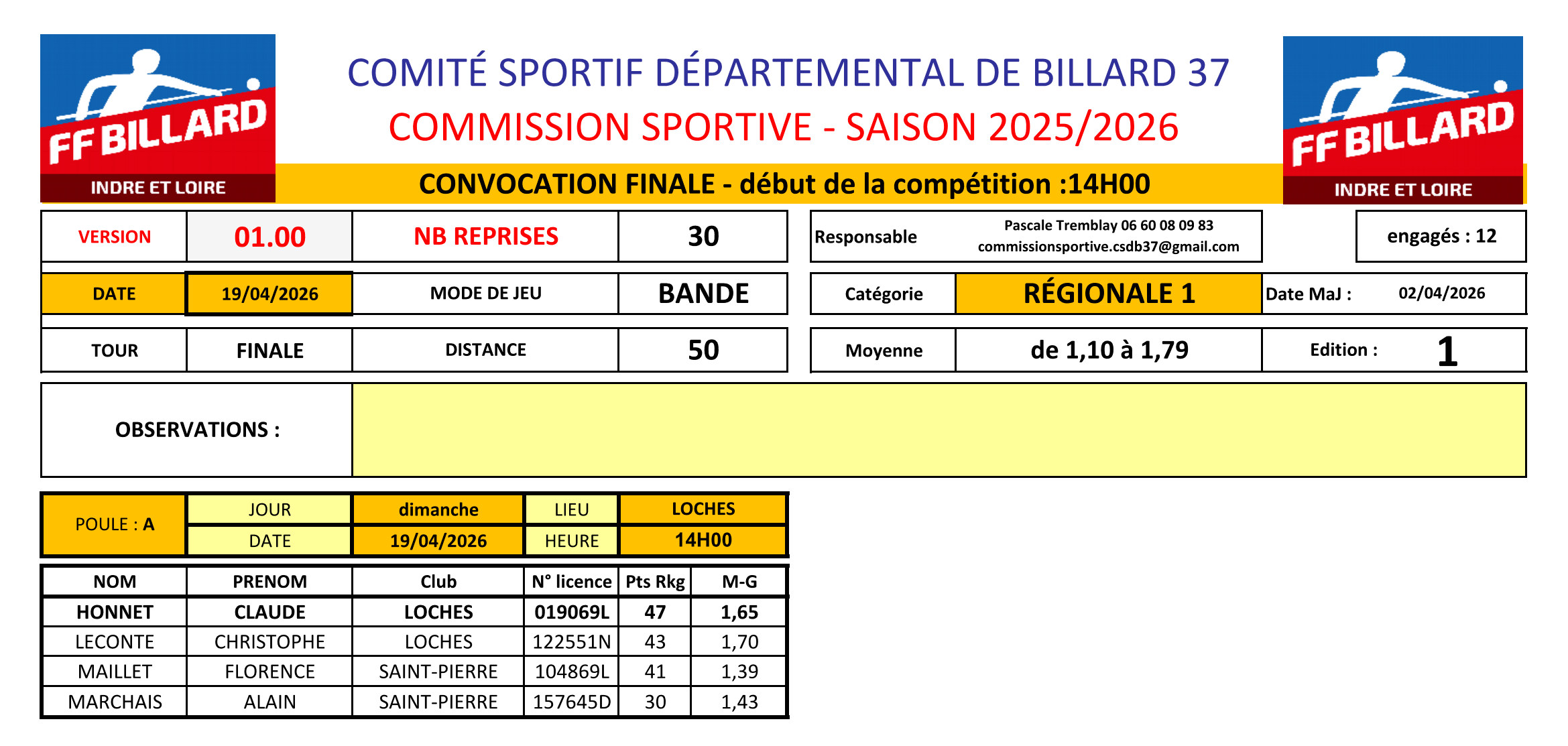 CSDB37 2025 2026 Bande R1 convocation Finale 19 04 26