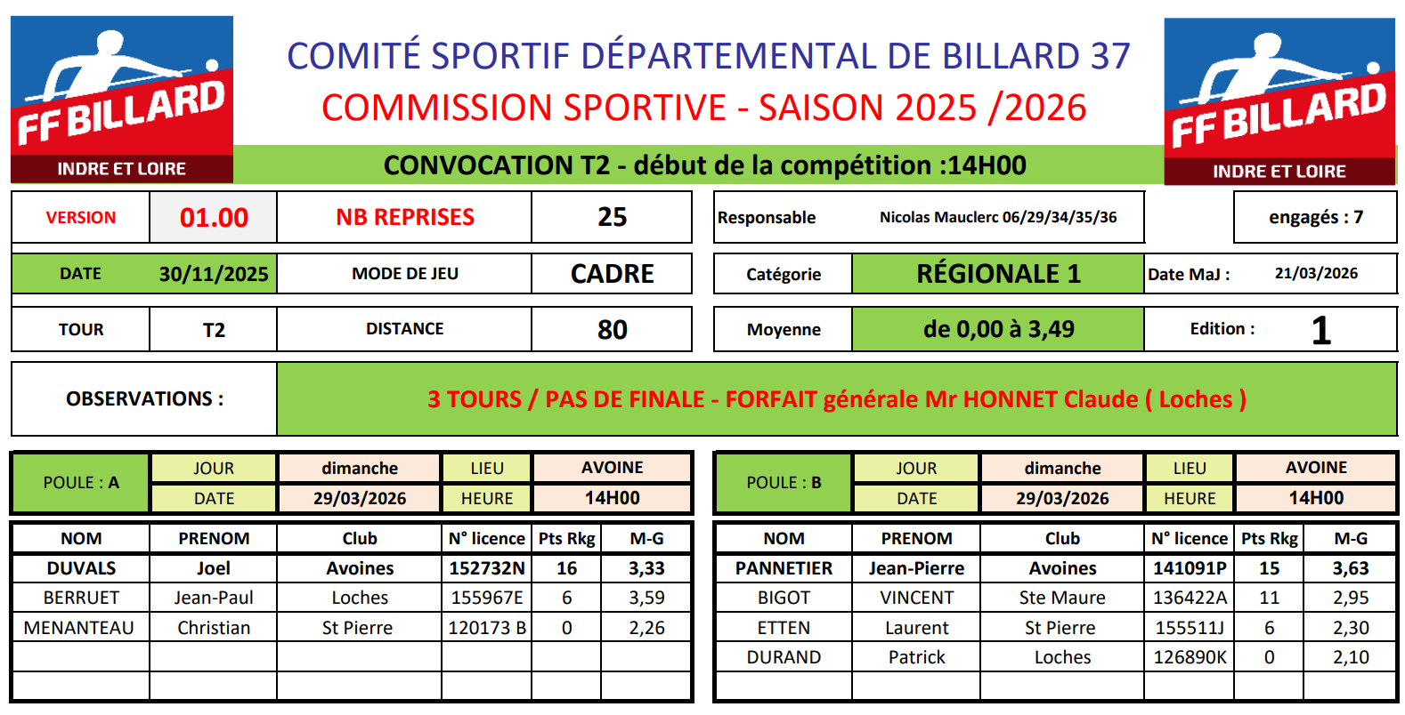 CSDB37 2025 2026 Cadre R1 convocation cadre T2 V2