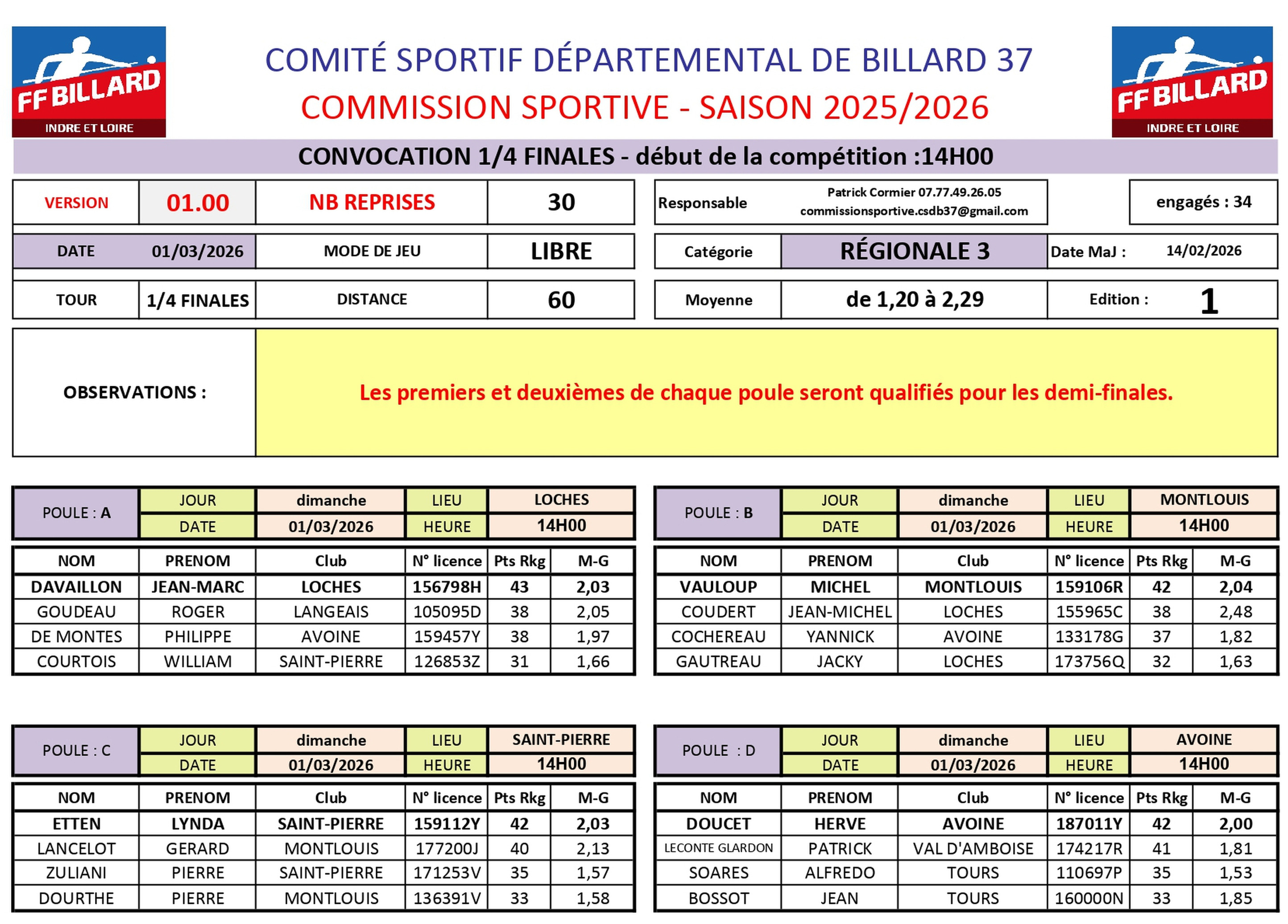 CSDB37 2025 2026 Libre R3 1 4 finale convocation