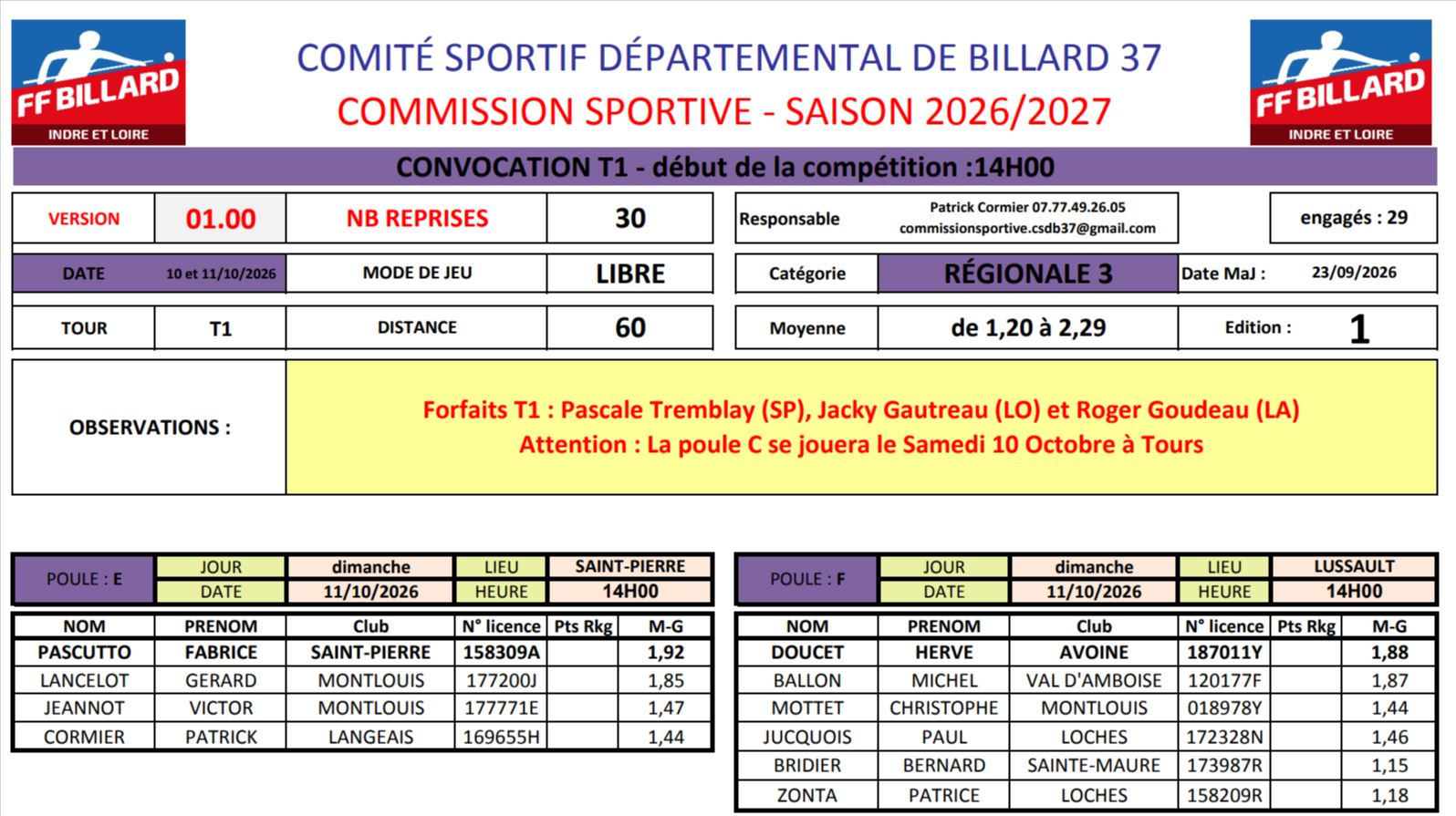 CSDB37 2026 2027 Libre R3 convocation T1 des 10 et 11 octobre 2